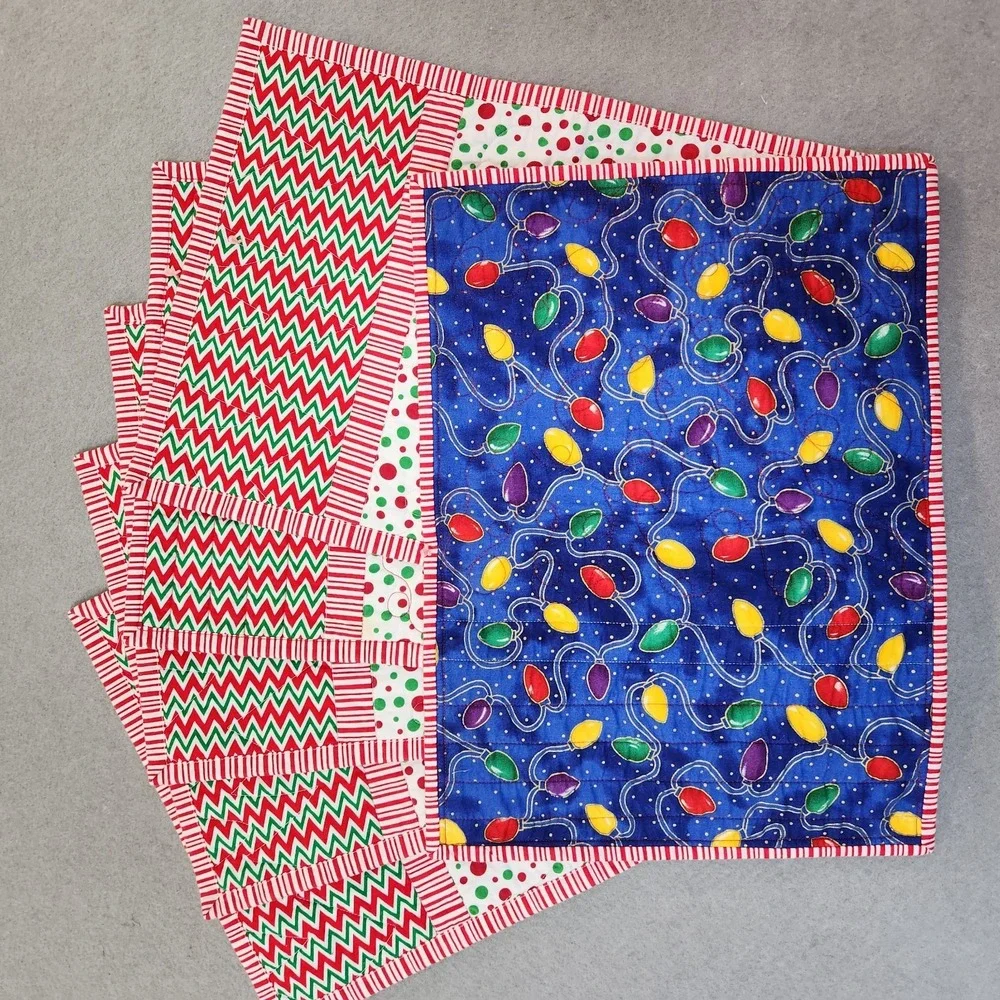 Set Of 6 Handmade Quilted Christmas Placemats Cotton Polka Dots Christmas Lights